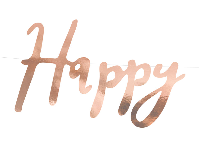 Detail van de roségouden slinger met het woord ‘Happy’ in sierlijke letters aan een dun koord.
