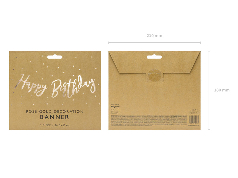 Voor- en achterkant van de bruine verpakking van de roségouden Happy Birthday-slinger.