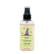 Fear Away anti-heksenspray in transparante fles met zwarte spraykop en groen etiket met paarse heksenhoed.