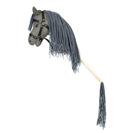 Grijs stokpaardje met lange manen, zwart hoofdstel en donkergrijze staart aan het uiteinde van de stok.