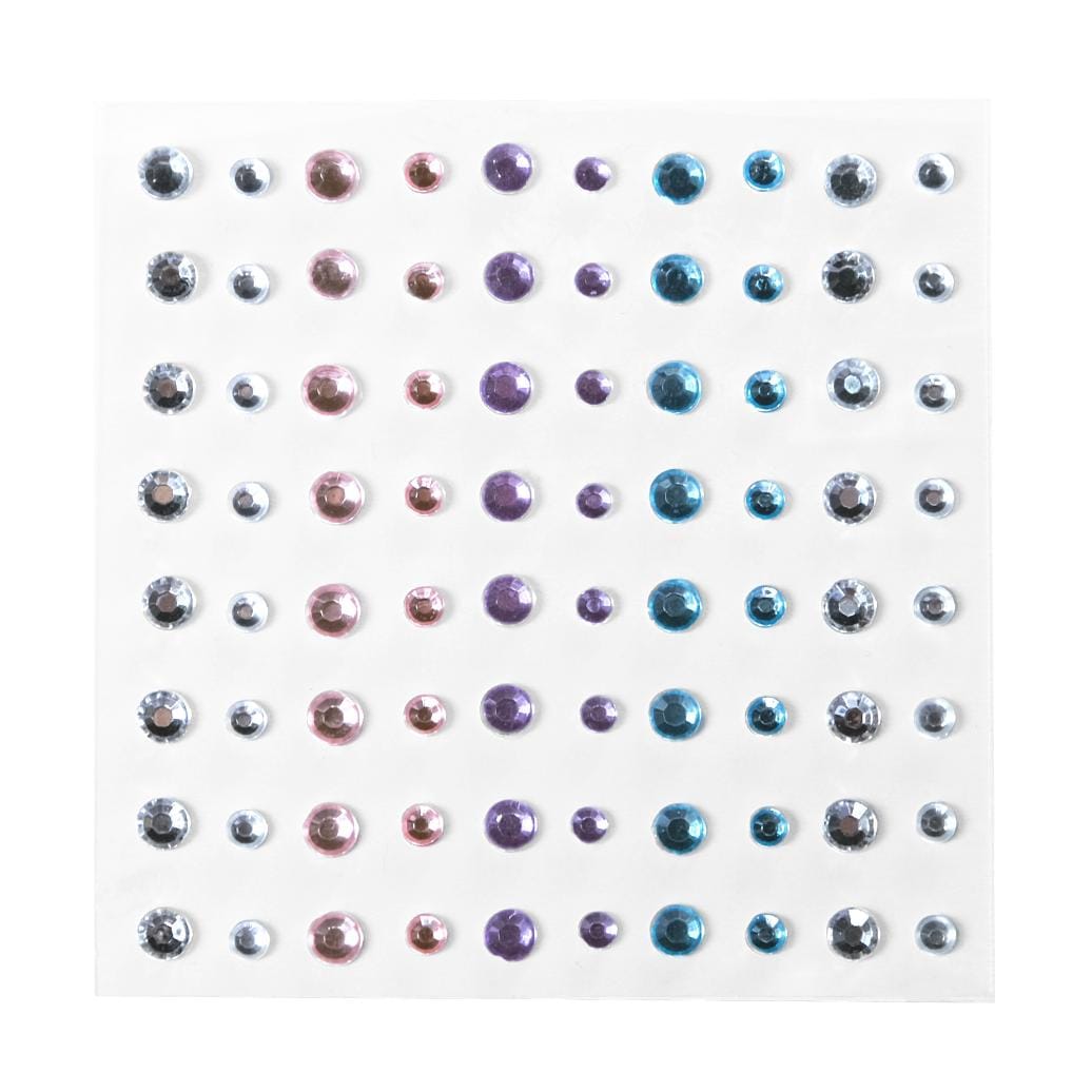 Vel met ronde zelfklevende strass steentjes van La Dot in zilverkleur, roze, paars en blauw.