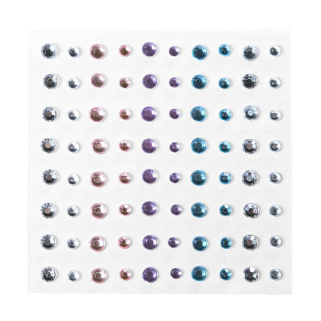 Vel met ronde zelfklevende strass steentjes van La Dot in zilverkleur, roze, paars en blauw.
