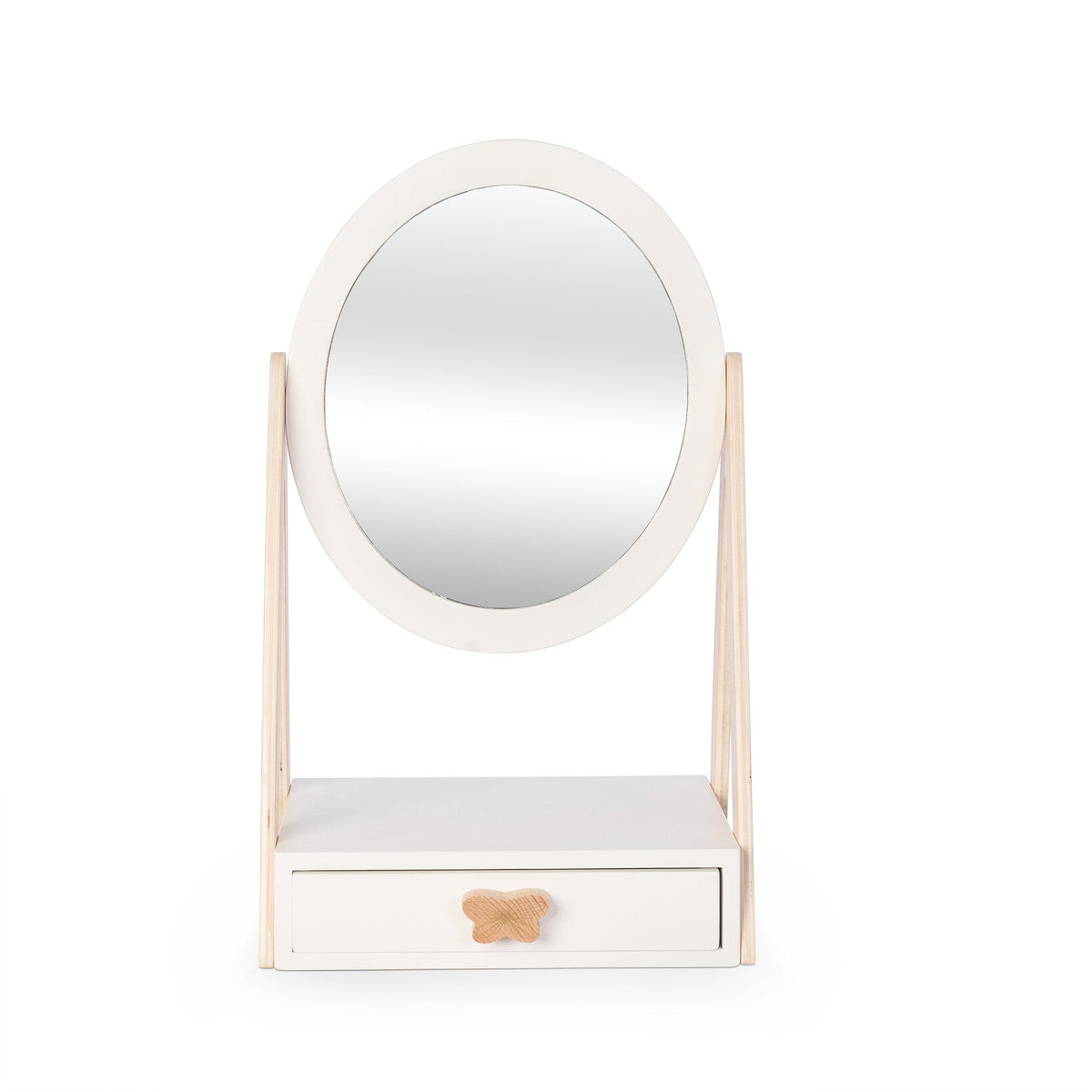 Witte houten tafelspiegel met ovale spiegel, naturel zijsteunen en een lade met vlindervormige knop.