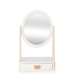 Witte houten tafelspiegel met ovale spiegel, naturel zijsteunen en een lade met vlindervormige knop.