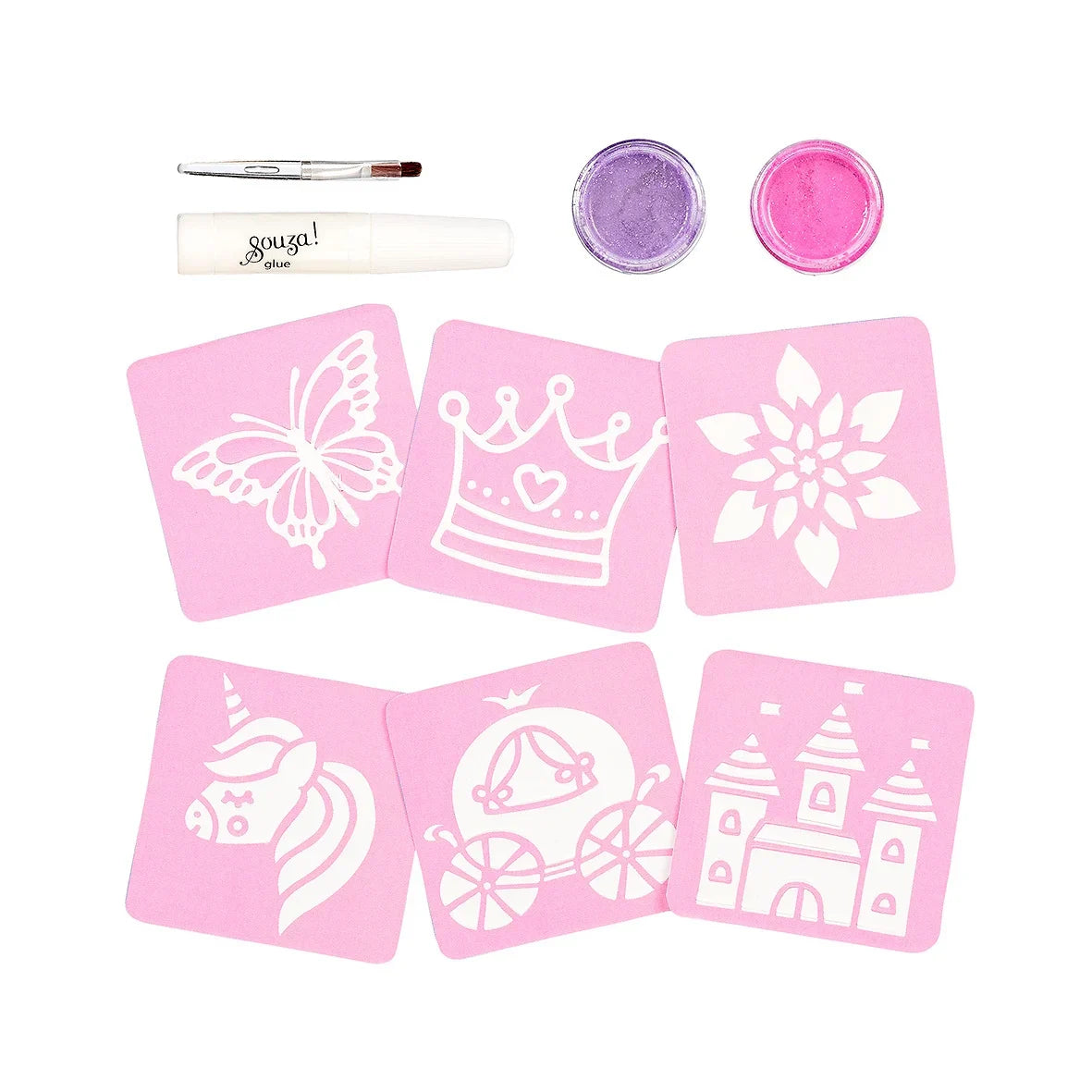 Prinsessen-tattooset met zes roze sjablonen, paarse en roze glitters, lijm en een aanbrengborsteltje.