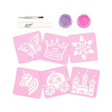 Prinsessen-tattooset met zes roze sjablonen, paarse en roze glitters, lijm en een aanbrengborsteltje.