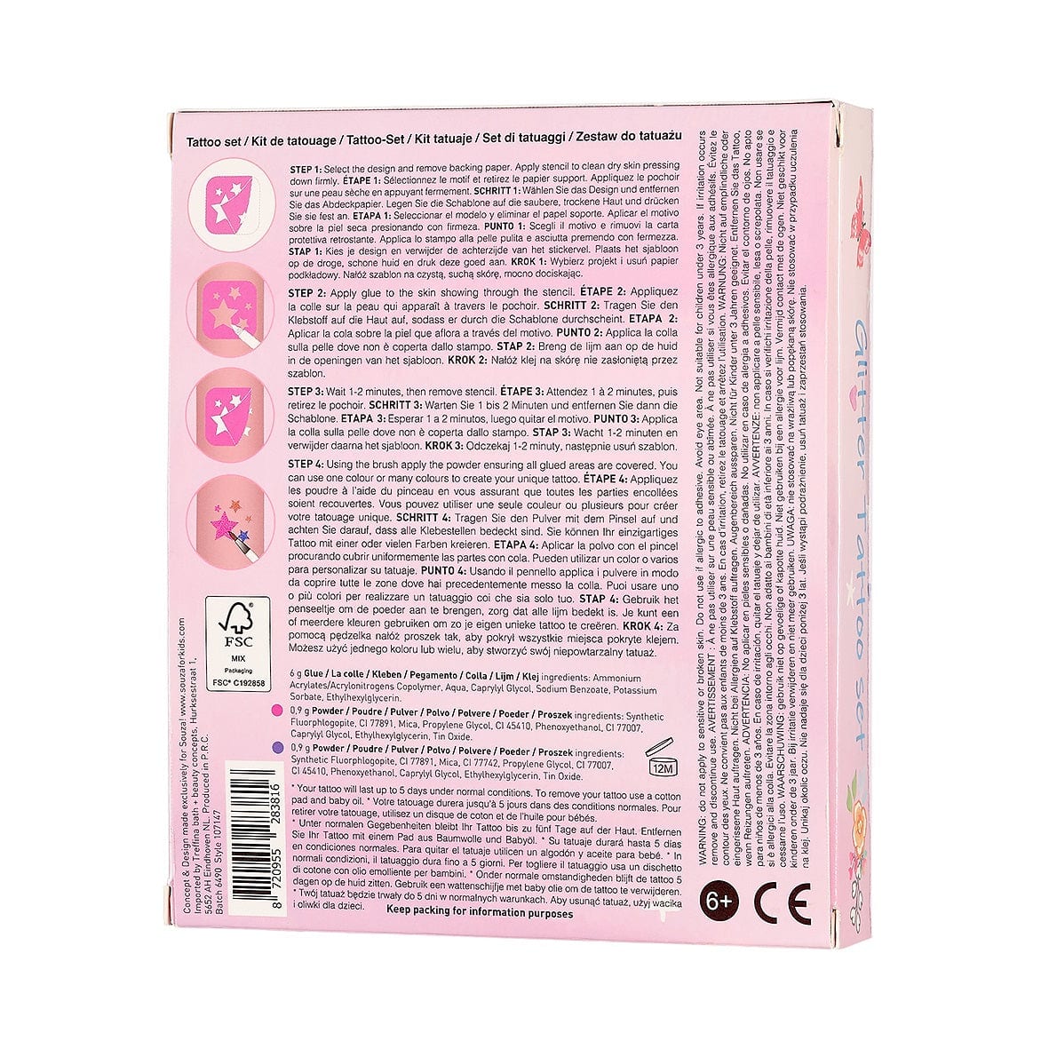 Achterkant van de roze verpakking van de prinsessen-tattooset met gebruiksaanwijzing en illustraties.