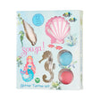 Verpakking van de zeemeermin glittertattooset met zeefiguren en blauwe en roze glitters.