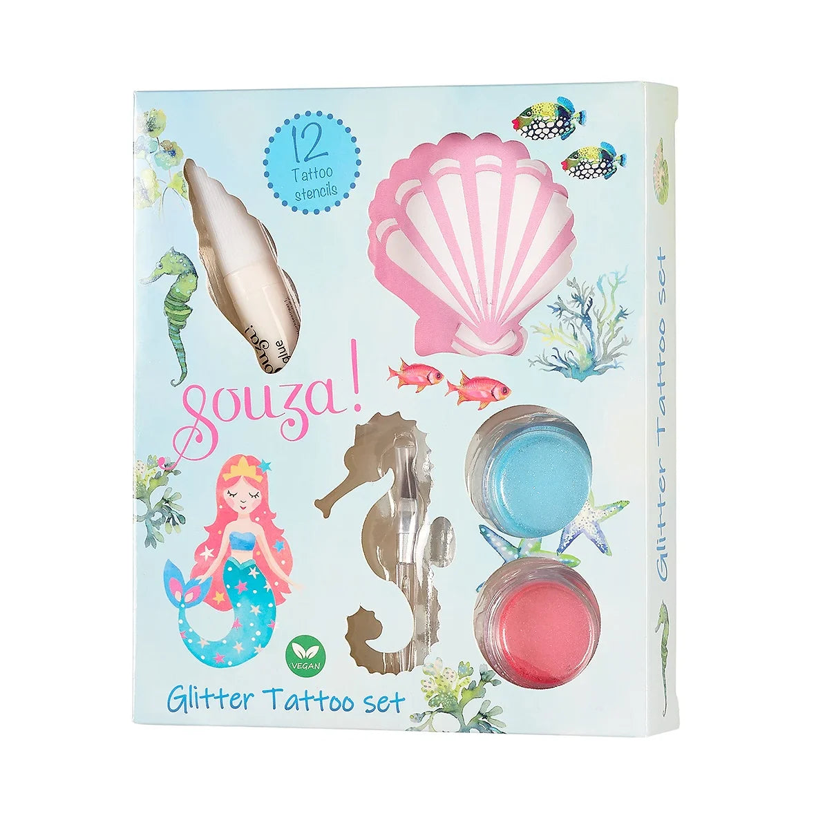 Verpakking van de zeemeermin glittertattooset met zeefiguren en blauwe en roze glitters.