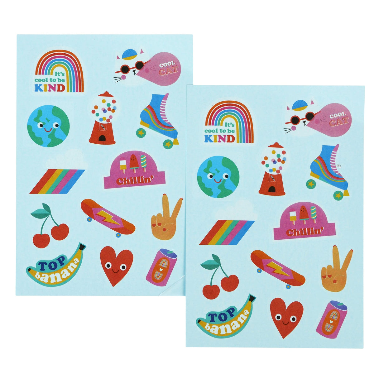 Twee vellen Top Banana kindertattoos met kleurrijke regenbogen, katten, rolschaatsen, kersen en hartjes