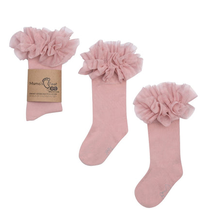Oudroze tutu kniekousen van Mama's Feet met brede ruches aan de bovenkant, los en met verpakking.