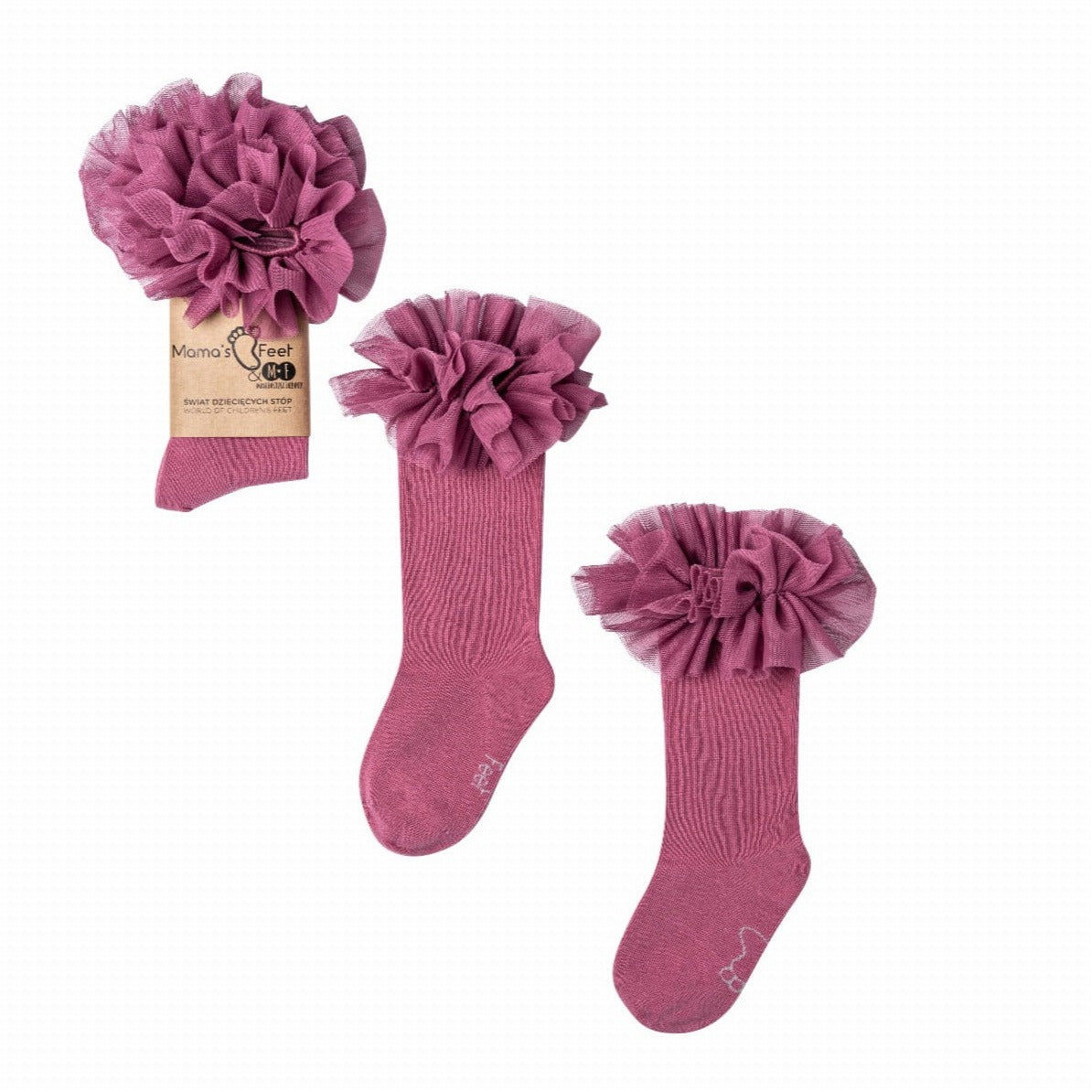Heather Pink tutu kniekousen van Mama's Feet met roze ruches, los en met verpakking op een witte achtergrond.