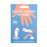 Blauwe verpakking van 25 eenhoornnagelstickers met eenhoorns, een regenboog en een geïllustreerde hand.