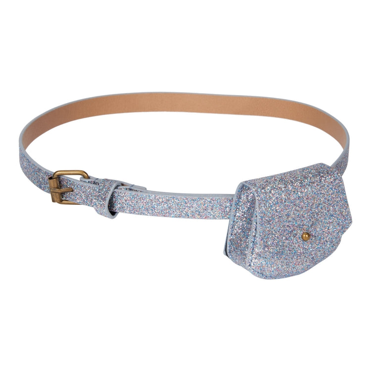 Urfa riem in Cloud Blue met veelkleurige glitters, goudkleurige gesp en klein glittertasje met klep.