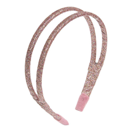 Dubbele Urfa haarband met veelkleurige glitters en roze uiteinden op een witte achtergrond