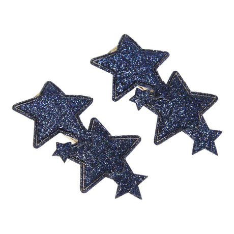 Twee donkerblauwe Urfa haarclips van Le Big met grote en kleine glittersterren op een witte achtergrond