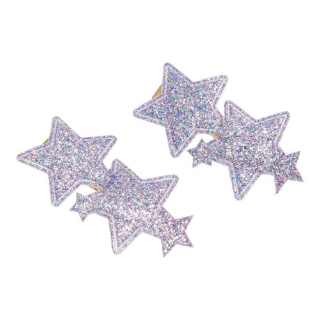 Twee lavendelkleurige Urfa haarclips met grote en kleine glittersterren.