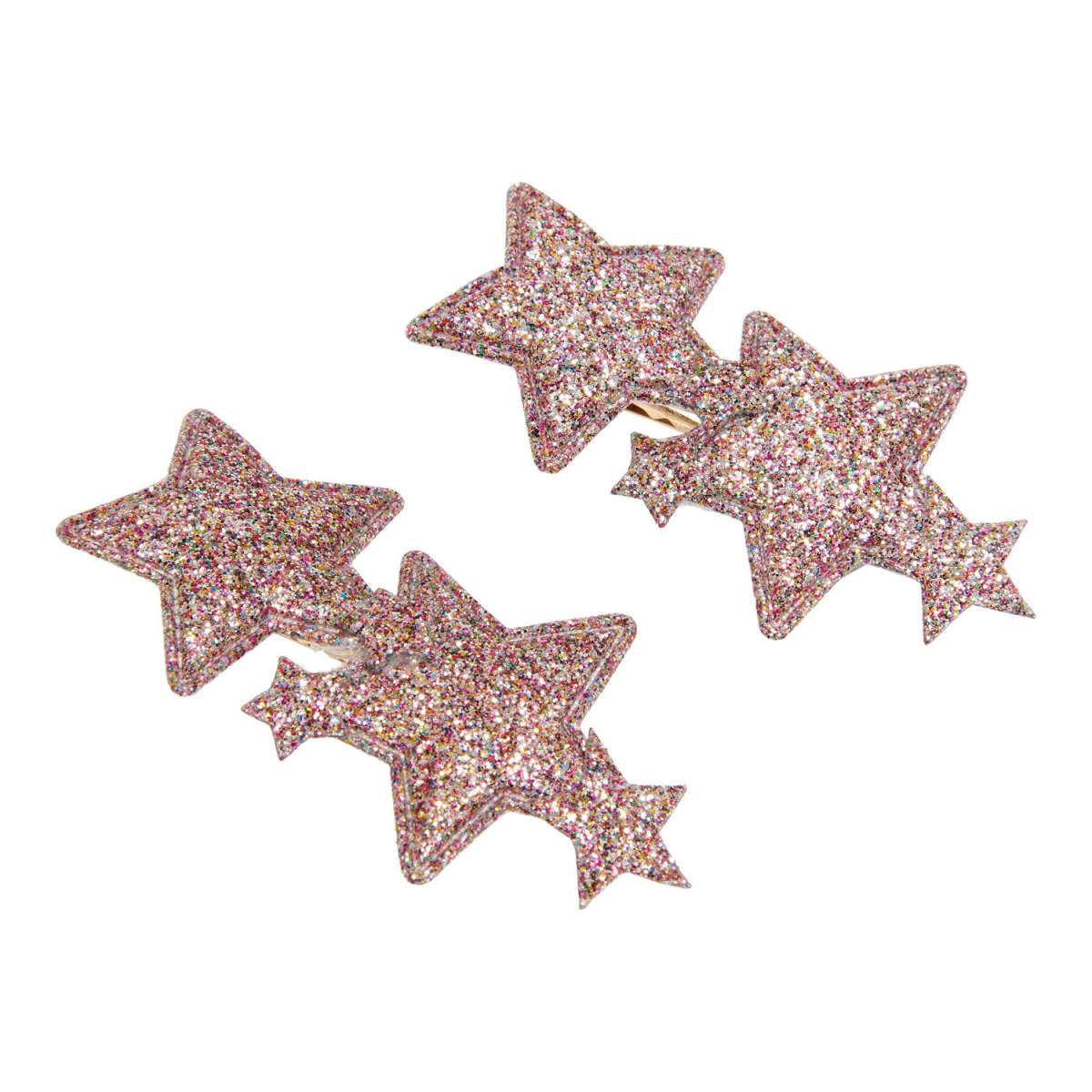 Twee Urfa haarclips met grote en kleine sterren vol veelkleurige glitters op een witte achtergrond.