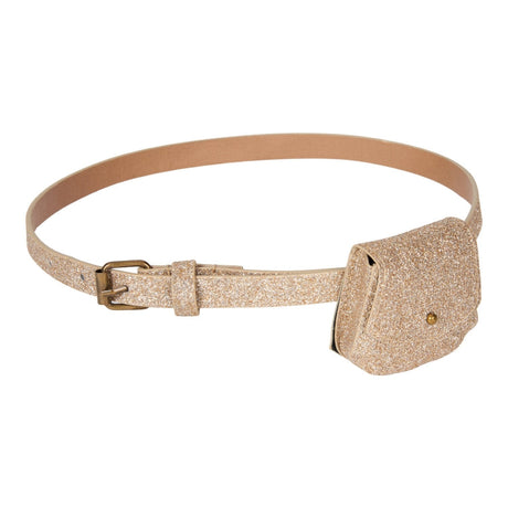 Goudkleurige Urfa riem met glitters, gesp en klein afneembaar glittertasje op een witte achtergrond.