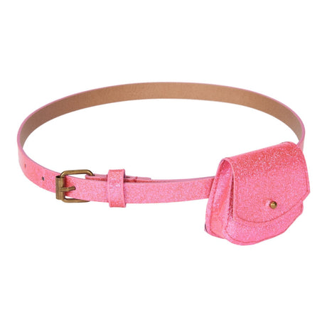 Neonroze Urfa riem met glitters, gesp en klein afneembaar glittertasje op een witte achtergrond.