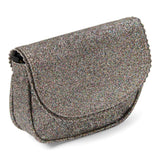 Urfa schoudertas van Le Big met meerkleurige glitters op een zwarte ondergrond en een afgeronde flap.