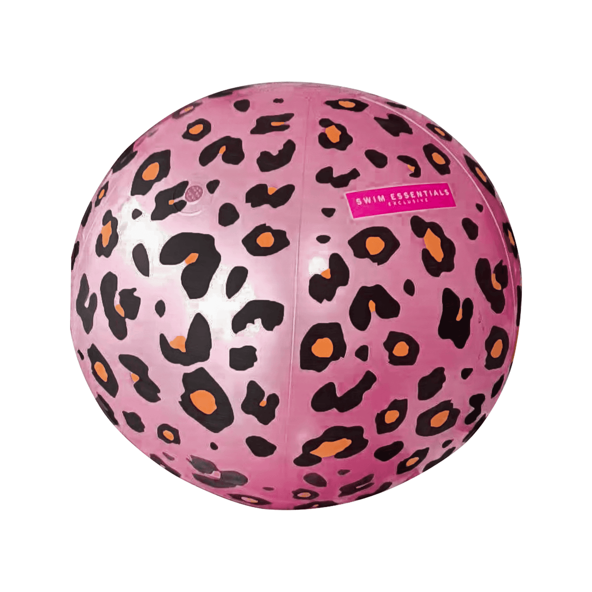 Roze, bolvormige watersproeier met zwarte en oranje panterprint.