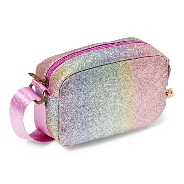 Zaza Bag Rainbow glittertas in pasteltinten, schuin van voren met roze rits en schouderband.