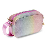 Zaza Bag Rainbow glittertas in pasteltinten, schuin van voren met roze rits en schouderband.
