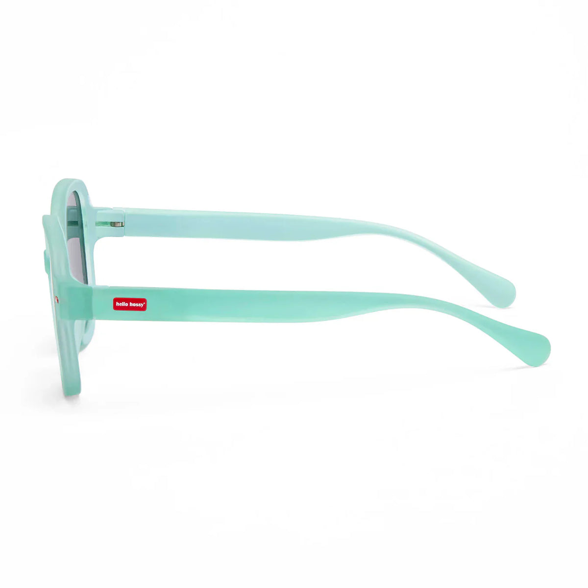 Mintgroene Koody Percy kinderzonnebril van opzij, met uitgeklapte poten en rood Hello Hossy-logo.