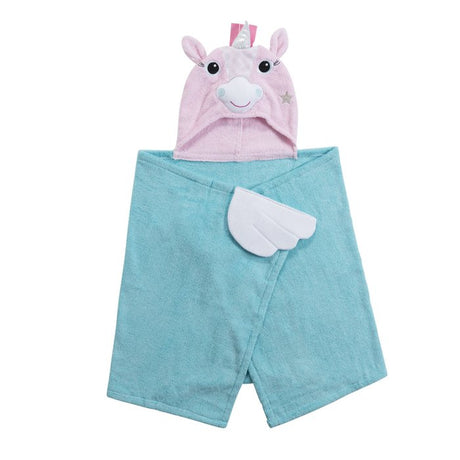 Zoocchini badcape Allie the Alicorn in turquoise met roze eenhoorncapuchon en witte vleugels.