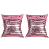 Achterkant van twee roze zwembandjes met veiligheidsinstructies en luchtventielen.